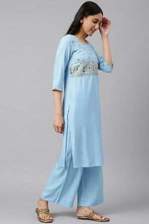 Blue Embroidered kurta-Palazzo-Gold Dupatta Set