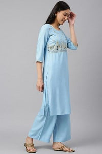 Blue Embroidered kurta-Palazzo-Gold Dupatta Set