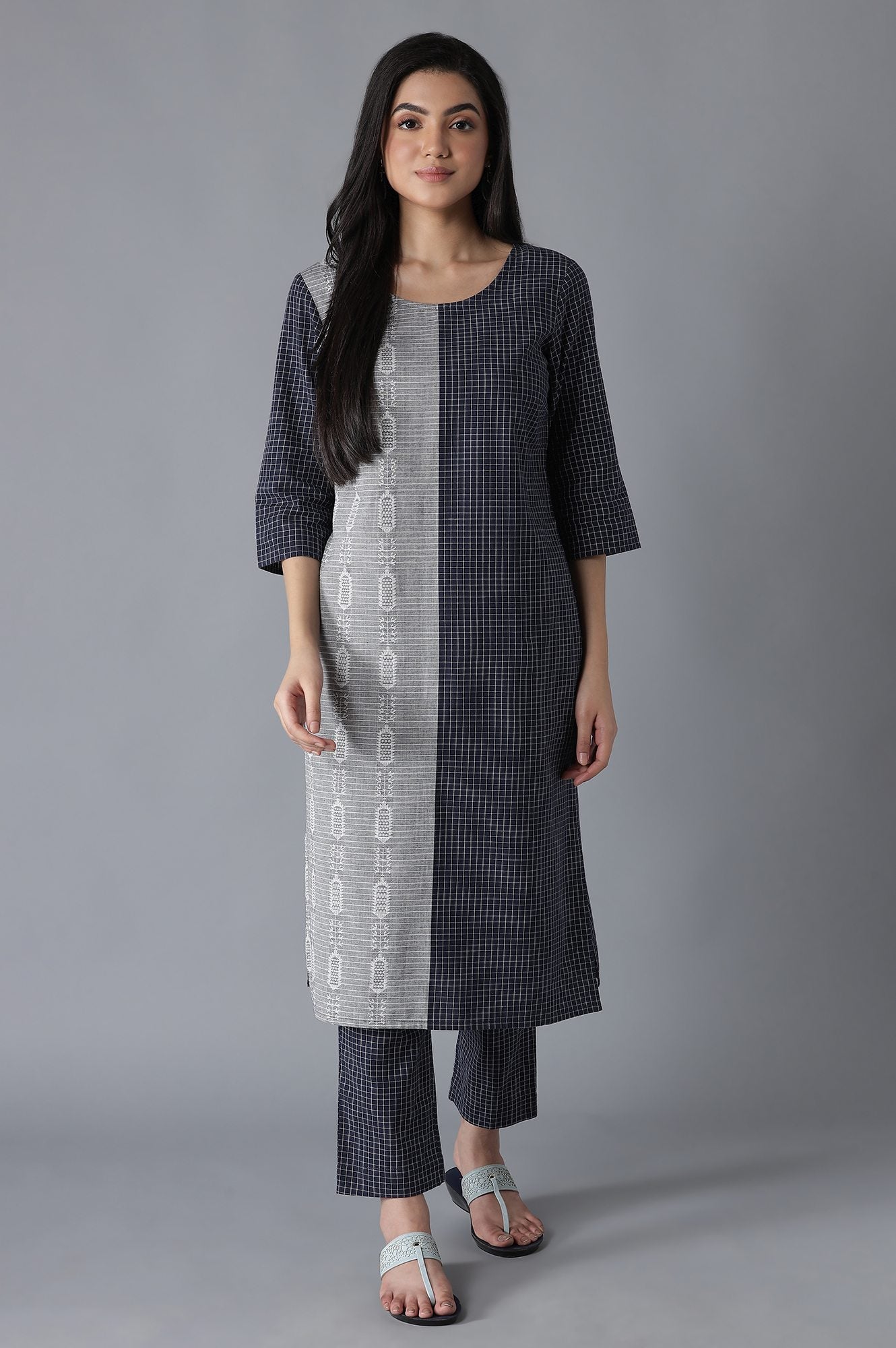 Navy Blue Yarn Dyed Cotton kurta Trousers Set