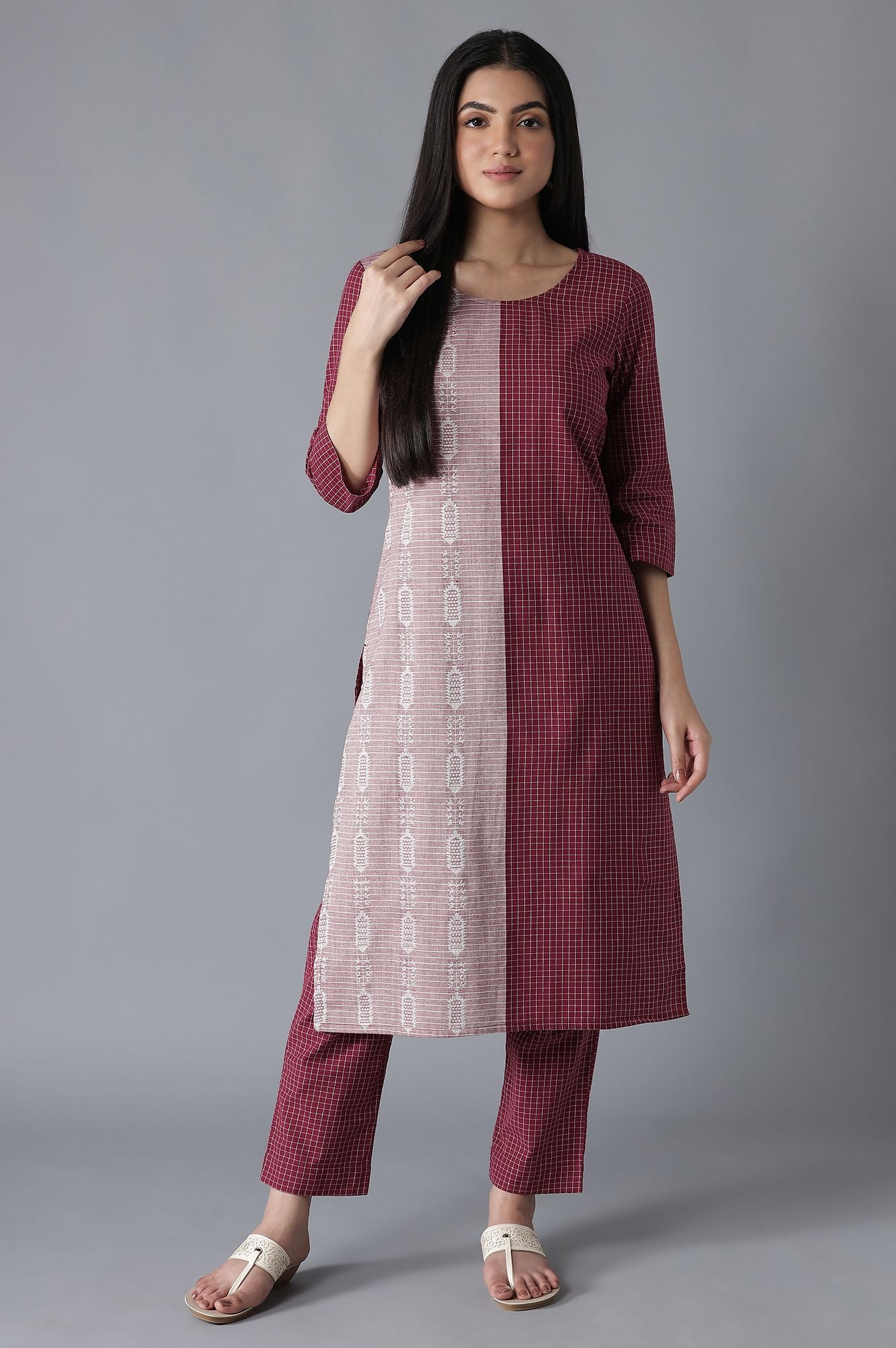 Red Yarn Dyed Cotton kurta Trousers Set