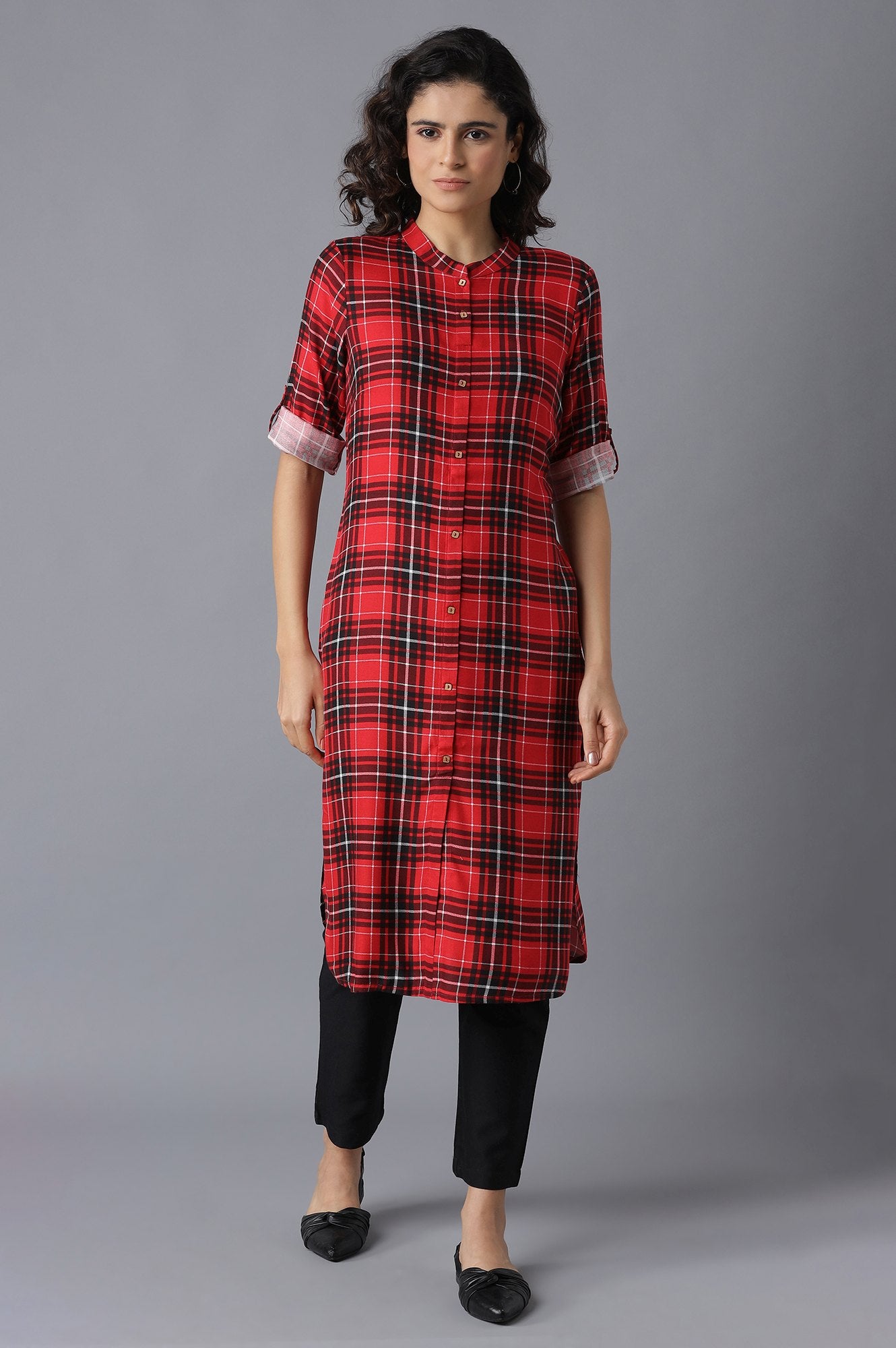 Red Check kurta- Black Trousers Set