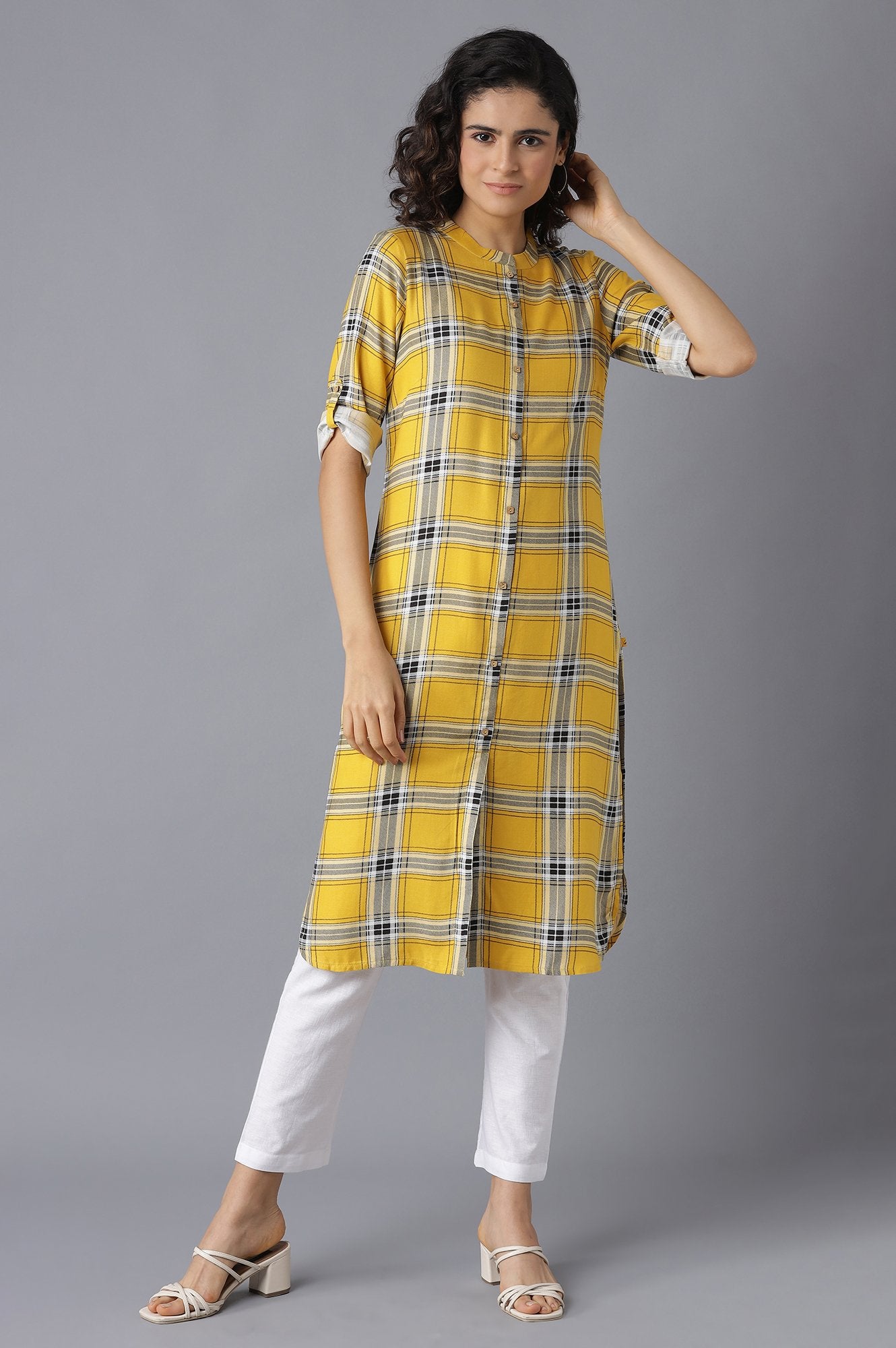 Yellow Check kurta- White Trousers Set