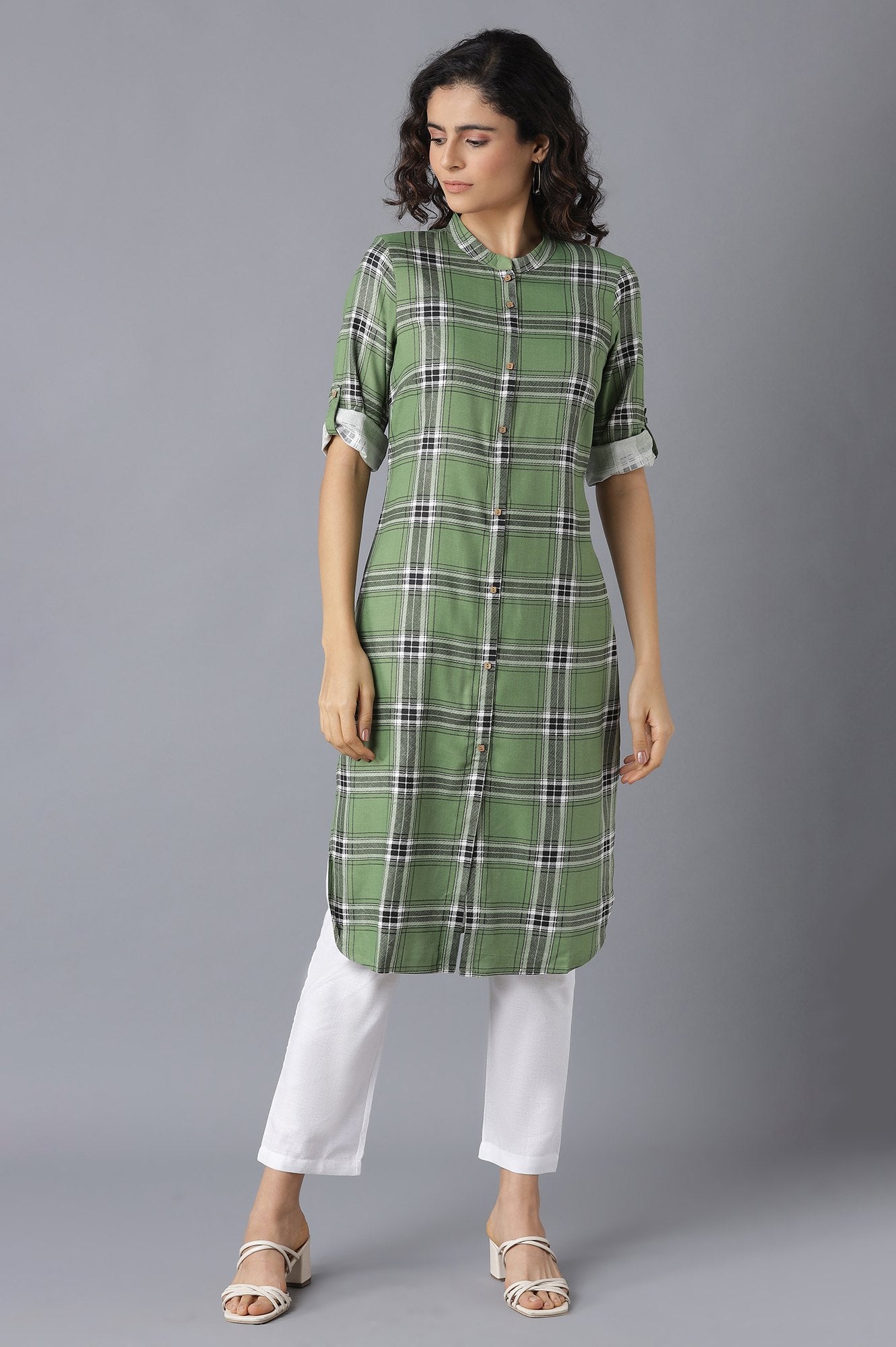 Green Check kurta- White Trousers Set