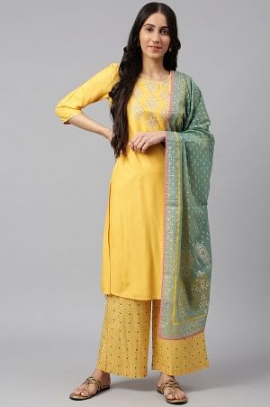 Yellow Embroidered kurta- Palazzo- Green Dupatta Set