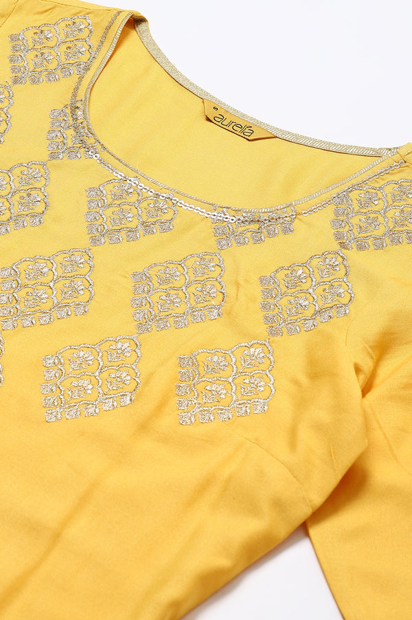 Yellow Embroidered kurta- Palazzo- Green Dupatta Set