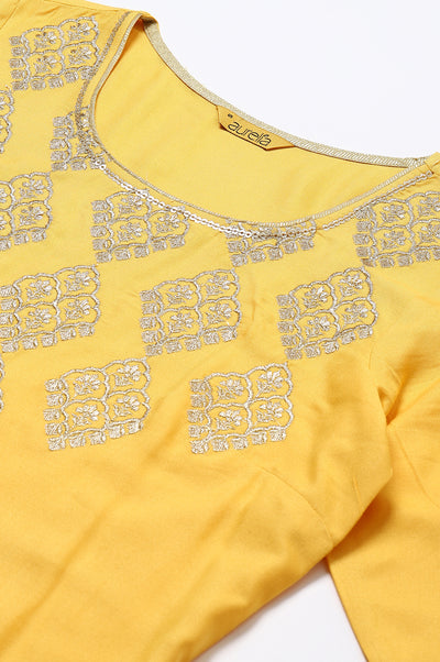 Yellow Embroidered kurta- Palazzo- Green Dupatta Set