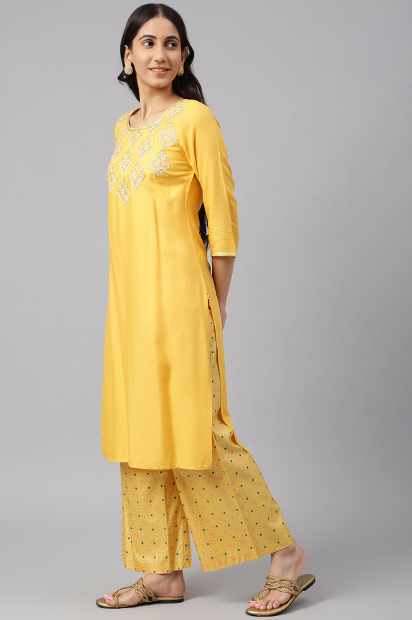 Yellow Embroidered kurta- Palazzo- Green Dupatta Set
