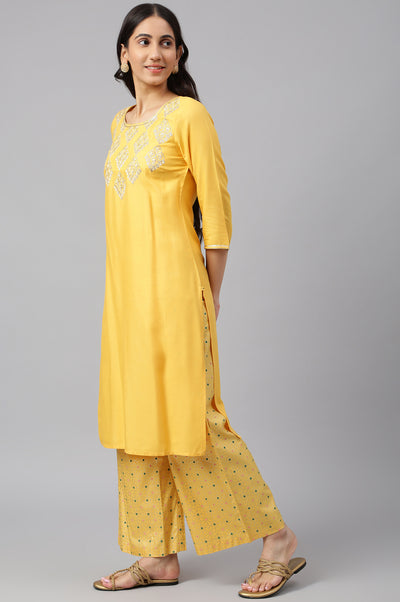 Yellow Embroidered kurta- Palazzo- Green Dupatta Set