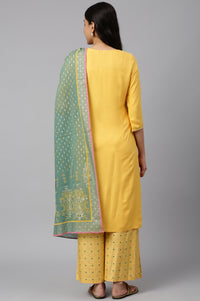 Yellow Embroidered kurta- Palazzo- Green Dupatta Set