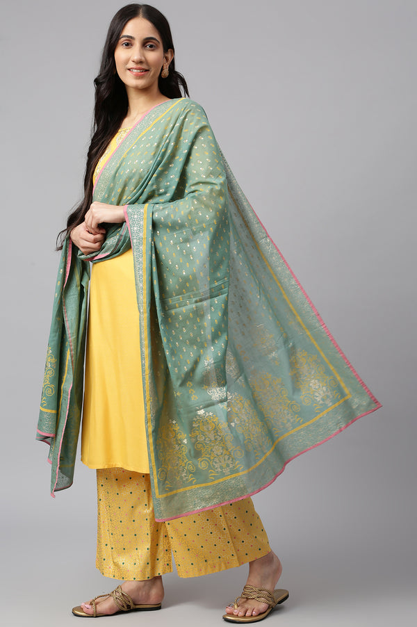 Yellow Embroidered kurta- Palazzo- Green Dupatta Set