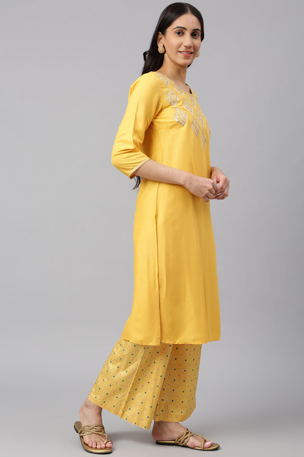 Yellow Embroidered kurta- Palazzo- Green Dupatta Set