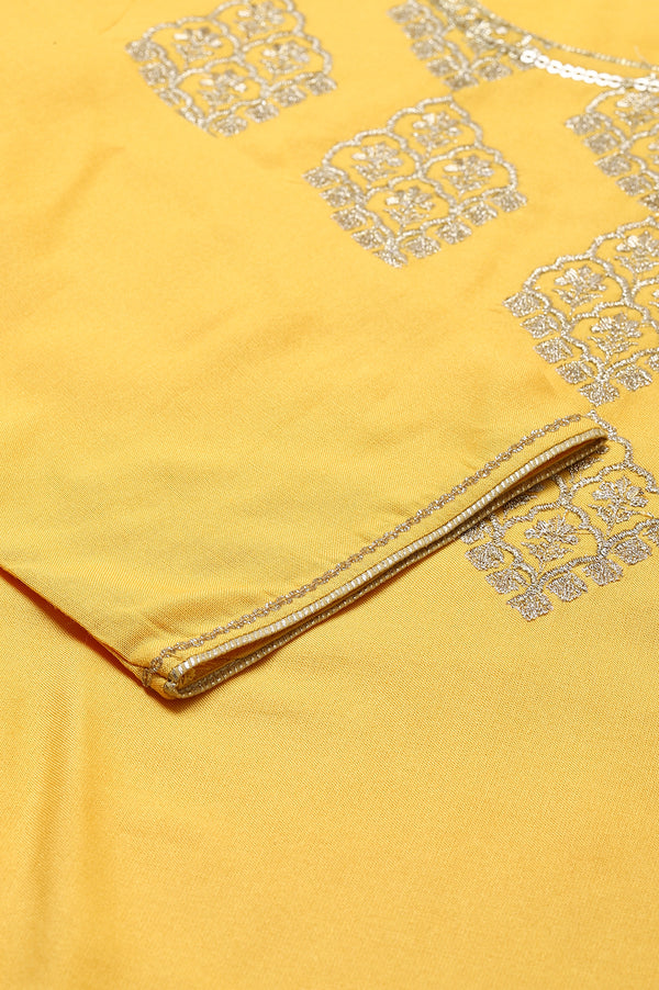 Yellow Embroidered kurta- Palazzo- Green Dupatta Set