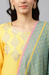 Yellow Embroidered kurta- Palazzo- Green Dupatta Set