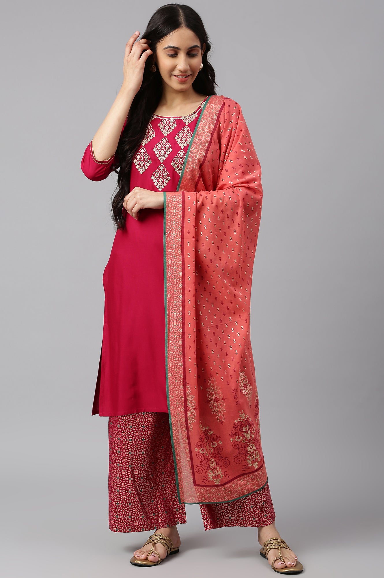 Pink Embroidered kurta- Palazzo- Coral Dupatta Set