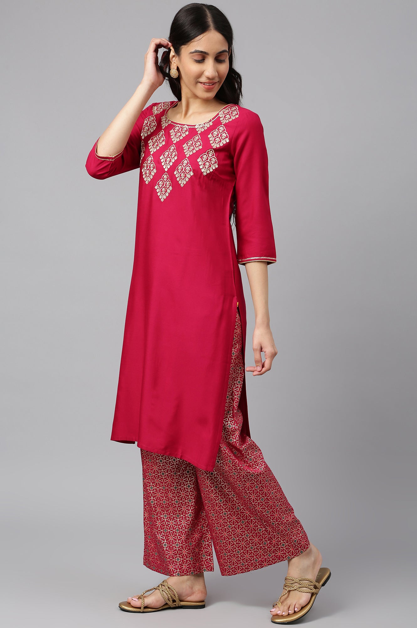 Pink Embroidered kurta- Palazzo- Coral Dupatta Set