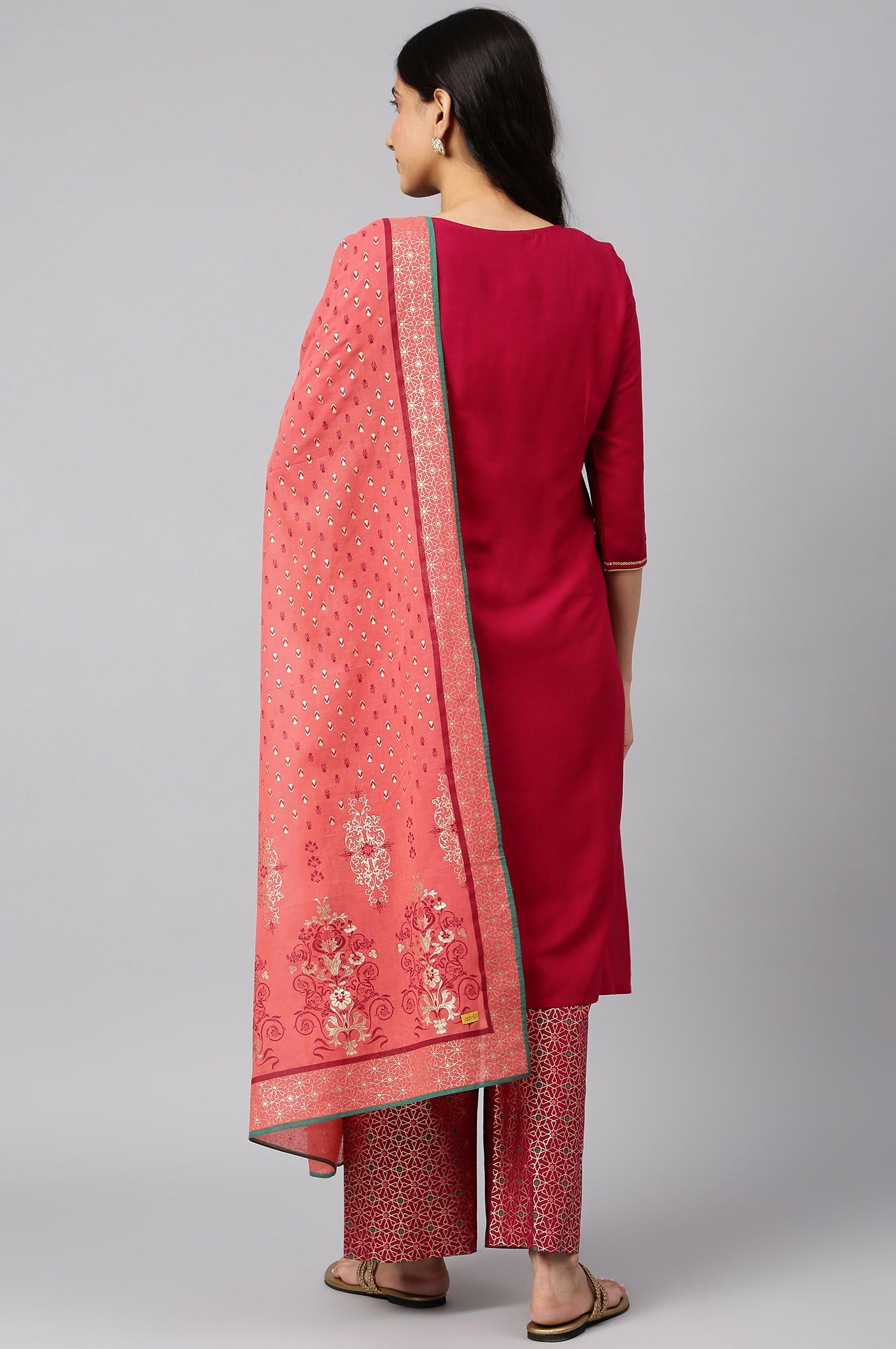 Pink Embroidered kurta- Palazzo- Coral Dupatta Set