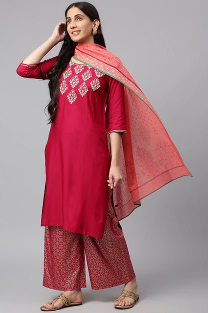 Pink Embroidered kurta- Palazzo- Coral Dupatta Set