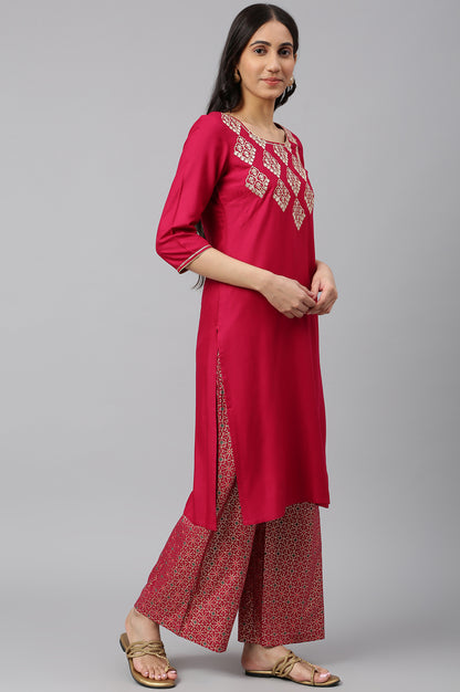 Pink Embroidered kurta- Palazzo- Coral Dupatta Set