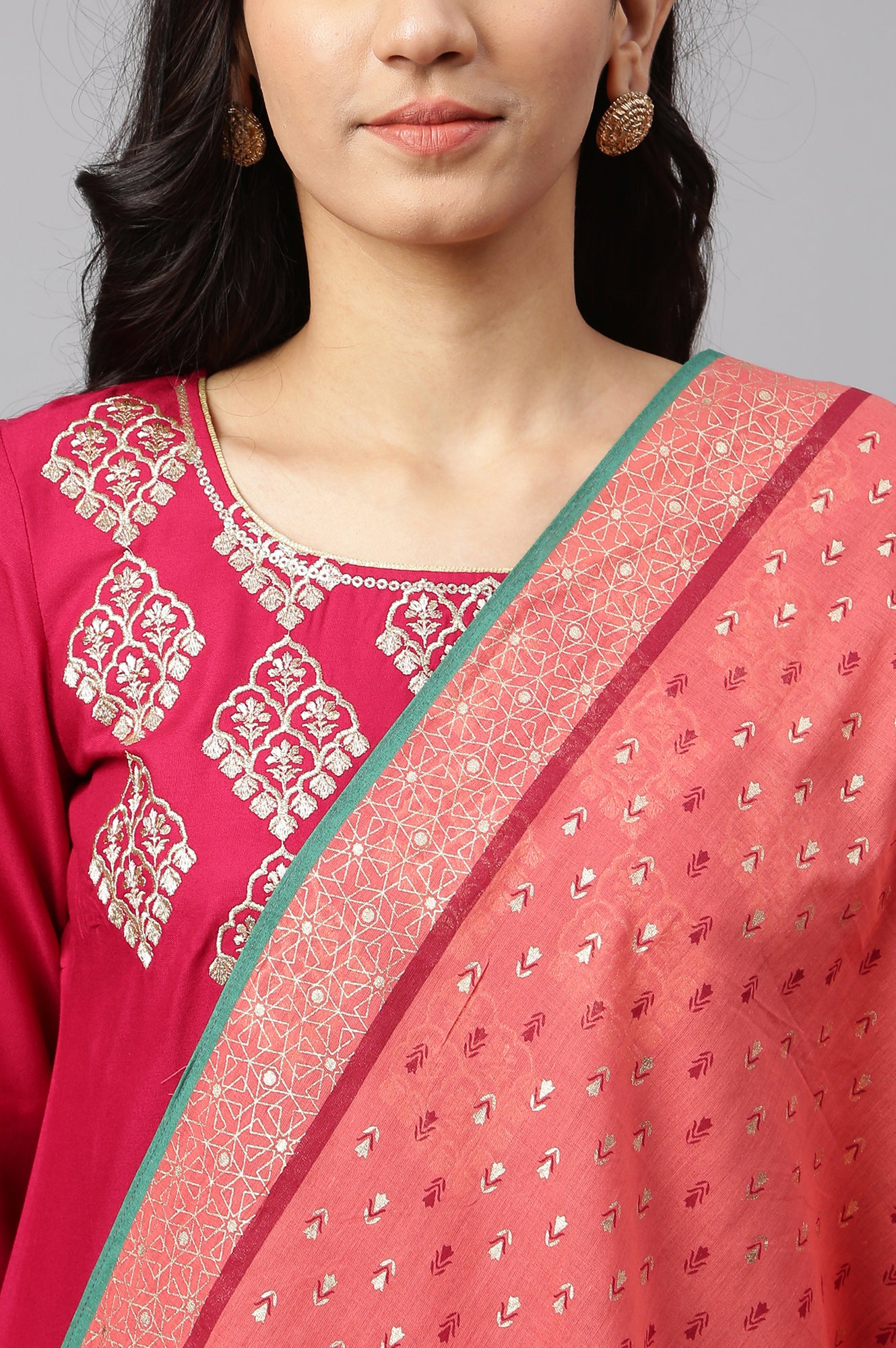 Pink Embroidered kurta- Palazzo- Coral Dupatta Set