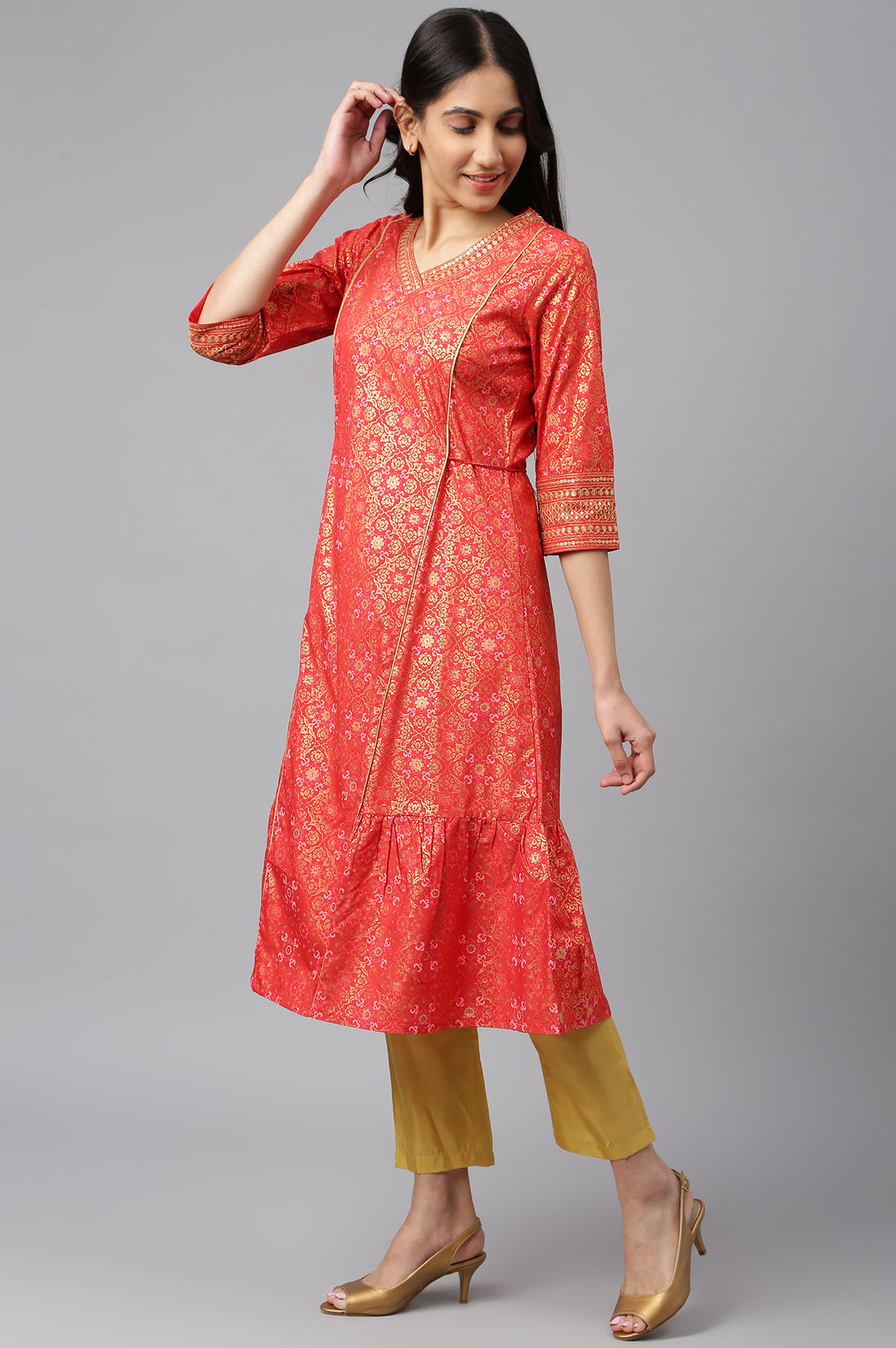 Red Printed kurta-Teal Trouser- Dupatta Set