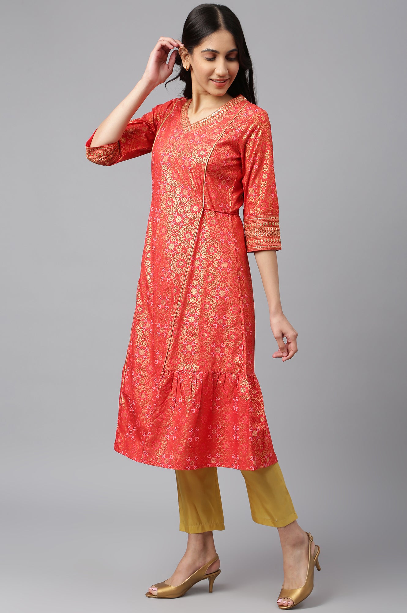 Red Printed kurta-Teal Trouser- Dupatta Set