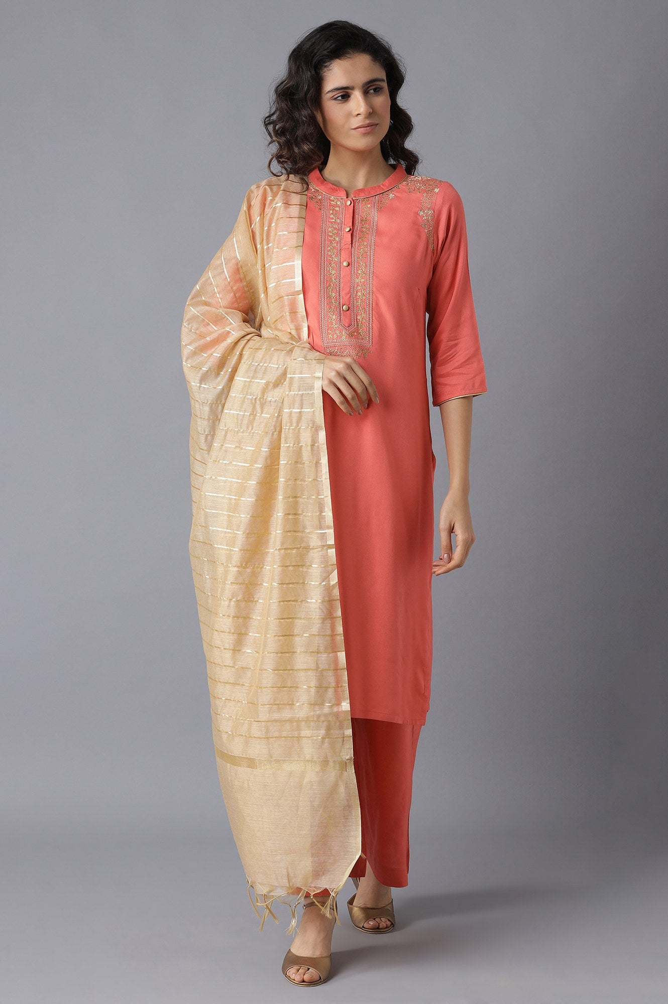 Peach Embroidered kurta-Palazzo-Gold Dupatta Set