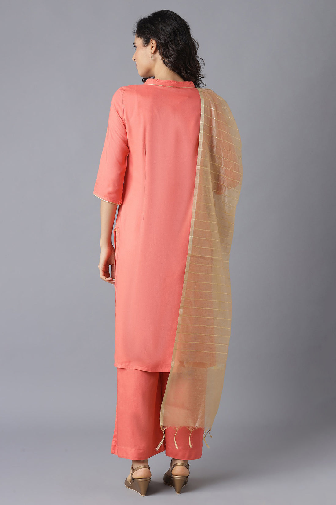 Peach Embroidered kurta-Palazzo-Gold Dupatta Set