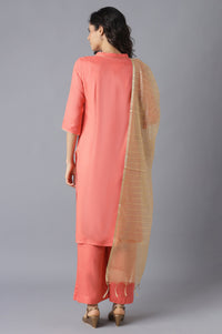 Peach Embroidered kurta-Palazzo-Gold Dupatta Set