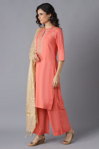 Peach Embroidered kurta-Palazzo-Gold Dupatta Set