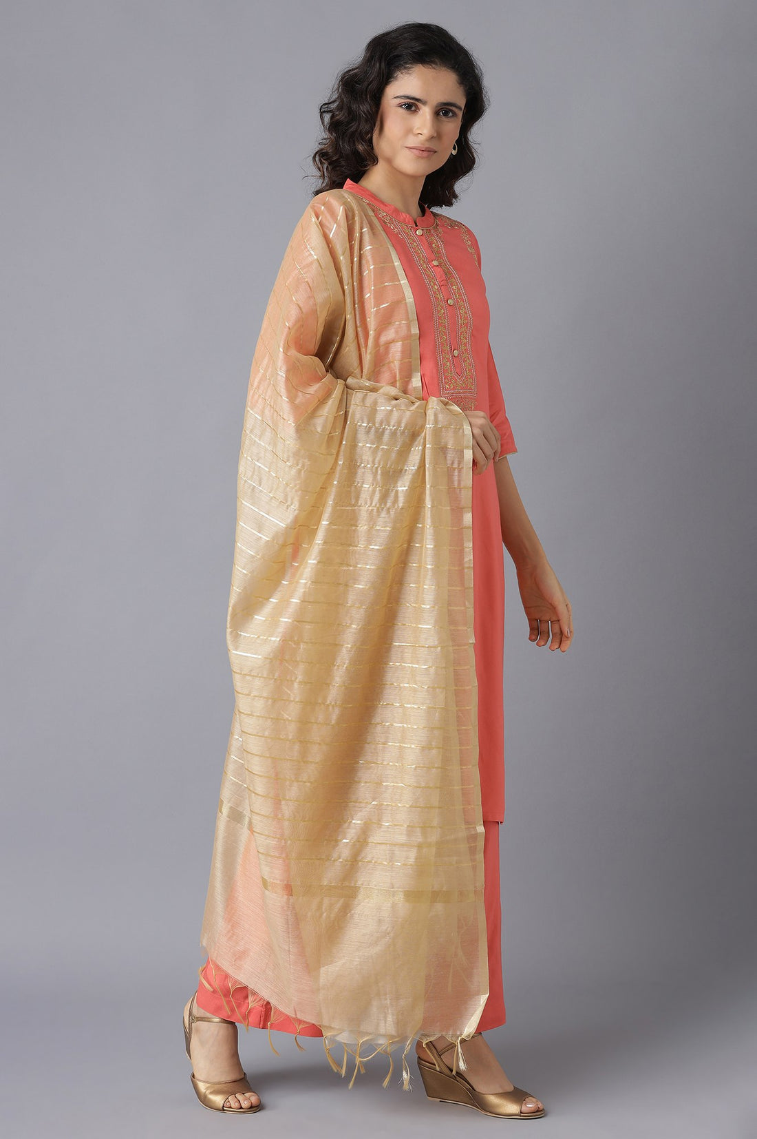 Peach Embroidered kurta-Palazzo-Gold Dupatta Set
