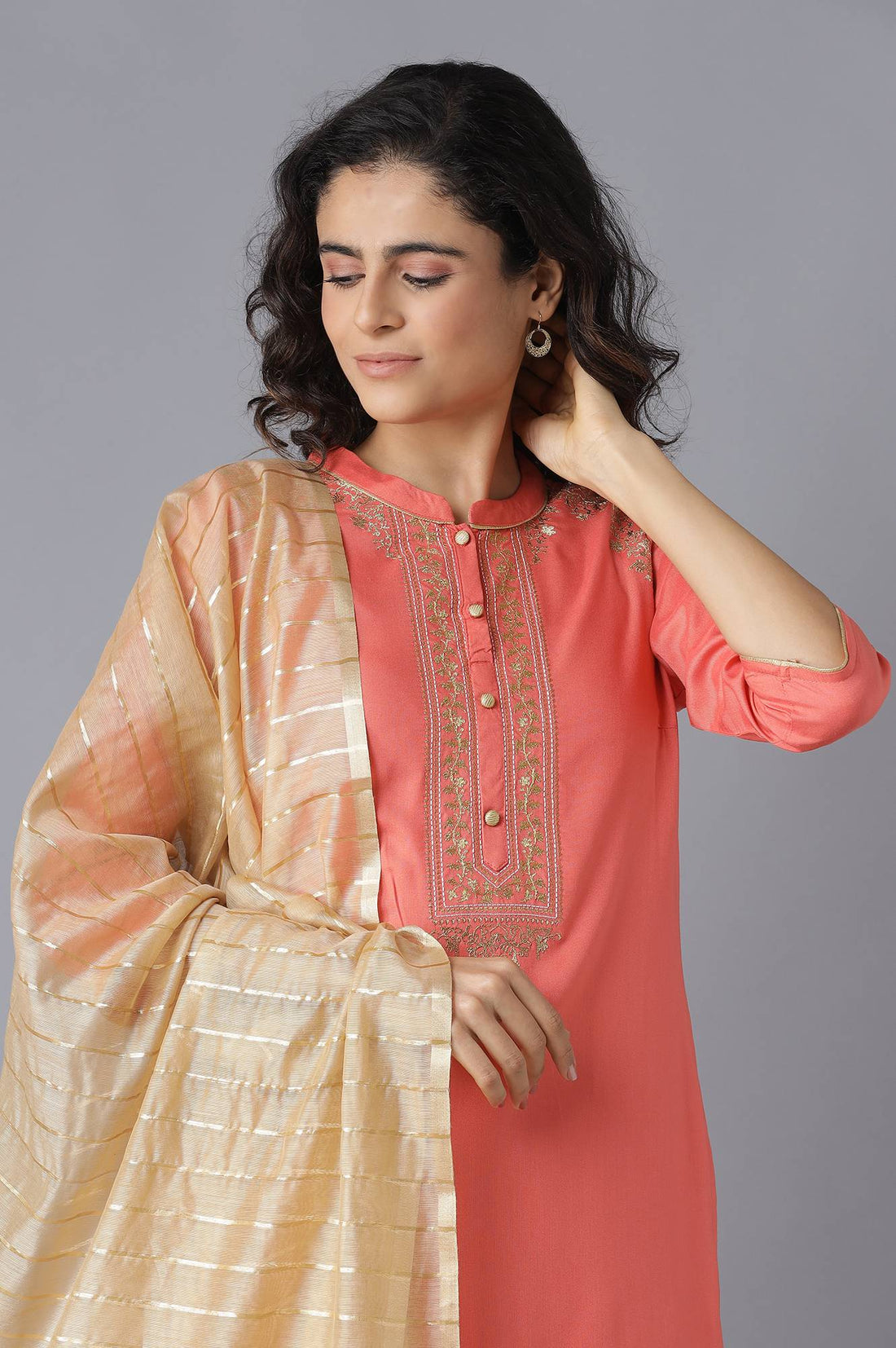 Peach Embroidered kurta-Palazzo-Gold Dupatta Set