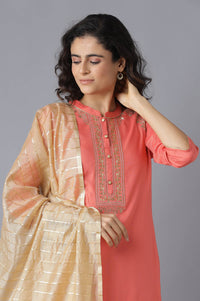 Peach Embroidered kurta-Palazzo-Gold Dupatta Set