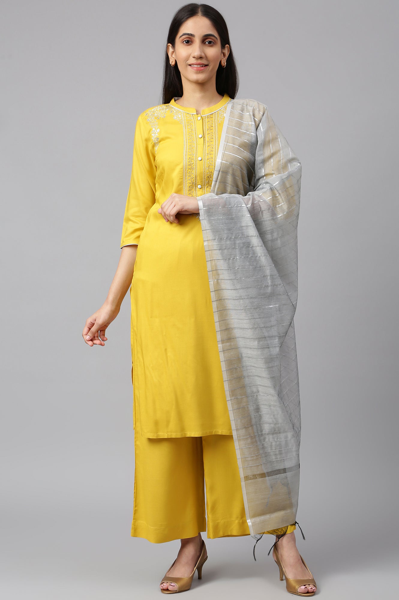 Yellow Embroidered kurta-Palazzo-Silver Dupatta Set