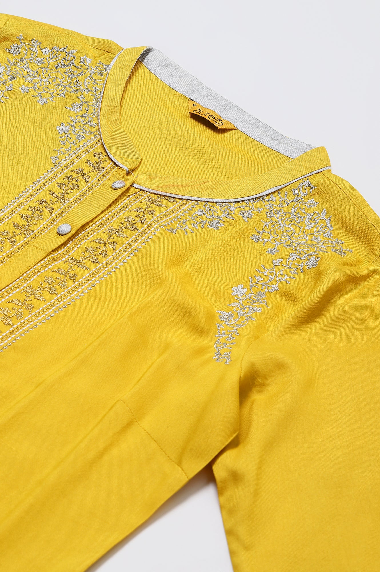 Yellow Embroidered kurta-Palazzo-Silver Dupatta Set