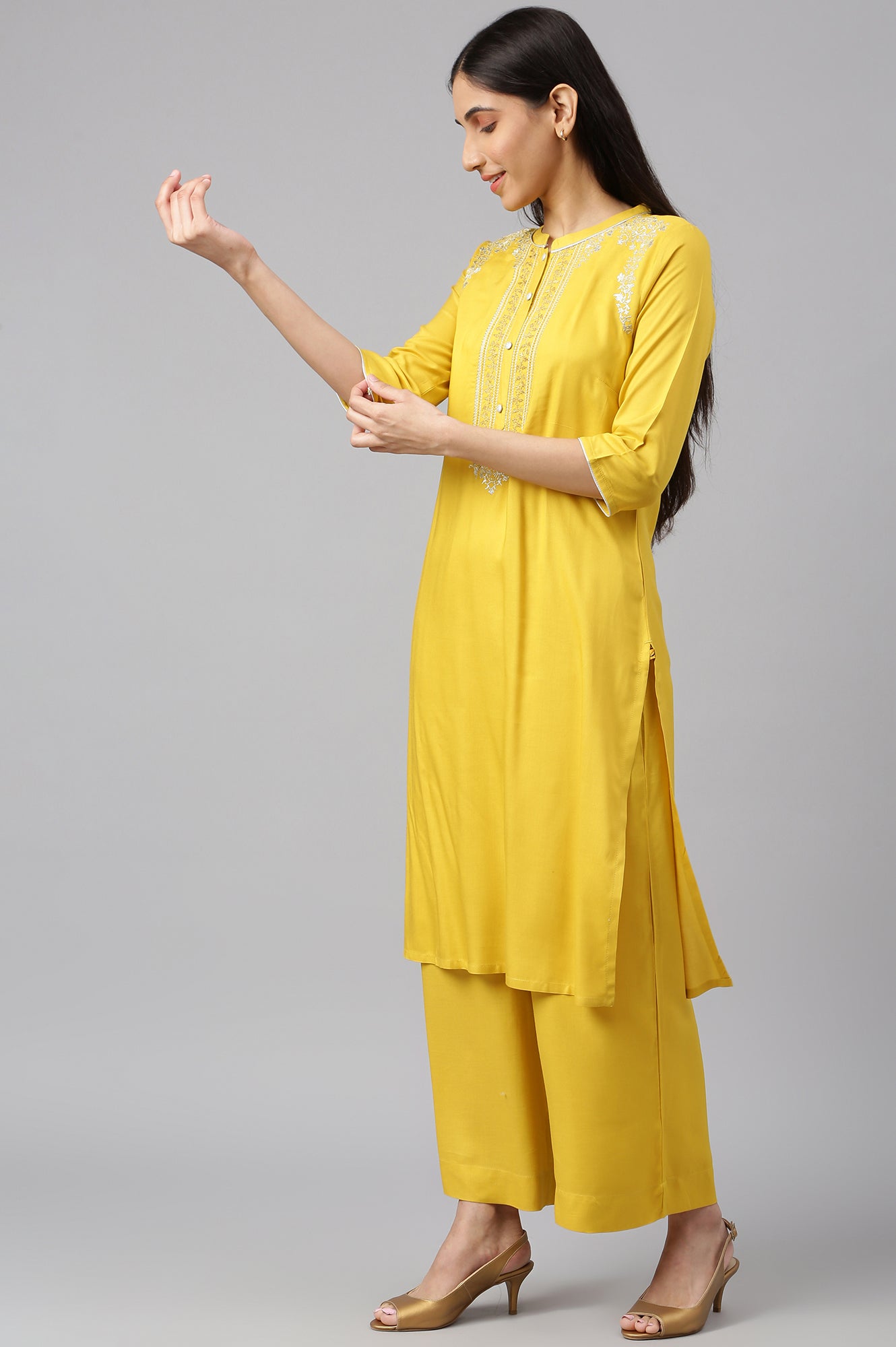 Yellow Embroidered kurta-Palazzo-Silver Dupatta Set