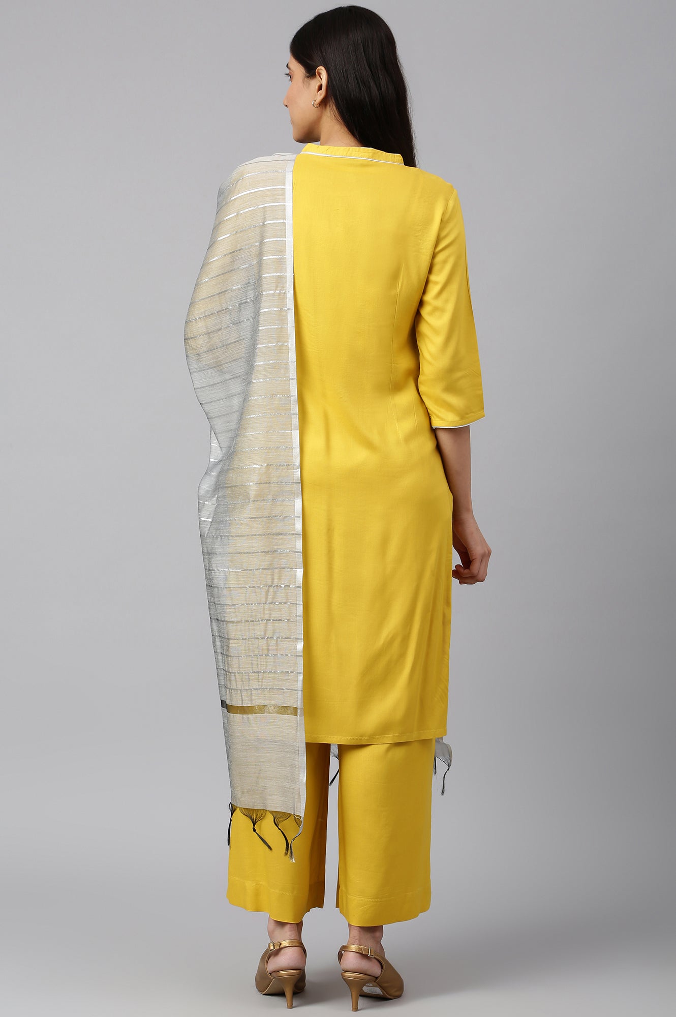 Yellow Embroidered kurta-Palazzo-Silver Dupatta Set