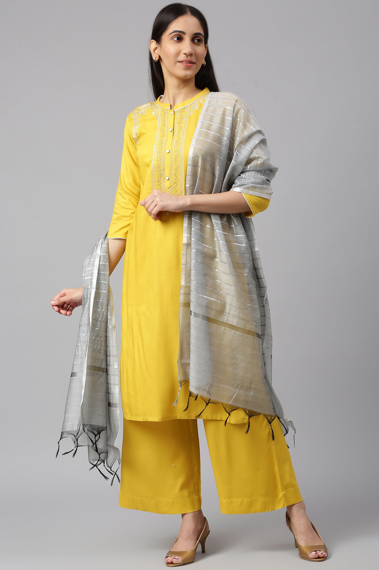 Yellow Embroidered kurta-Palazzo-Silver Dupatta Set