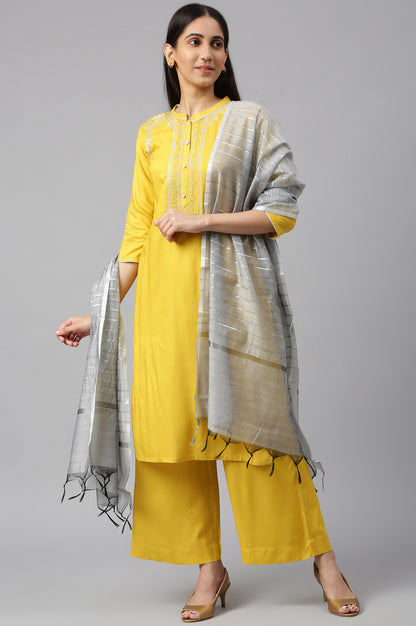 Yellow Embroidered kurta-Palazzo-Silver Dupatta Set