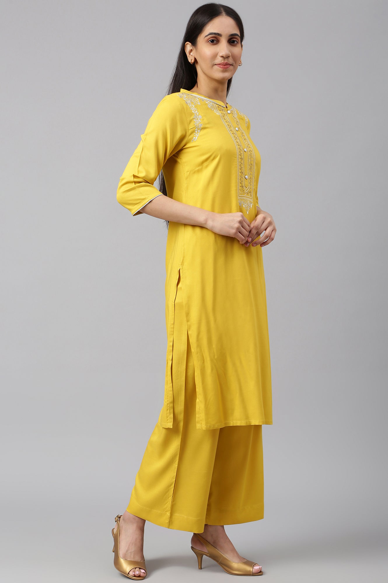 Yellow Embroidered kurta-Palazzo-Silver Dupatta Set