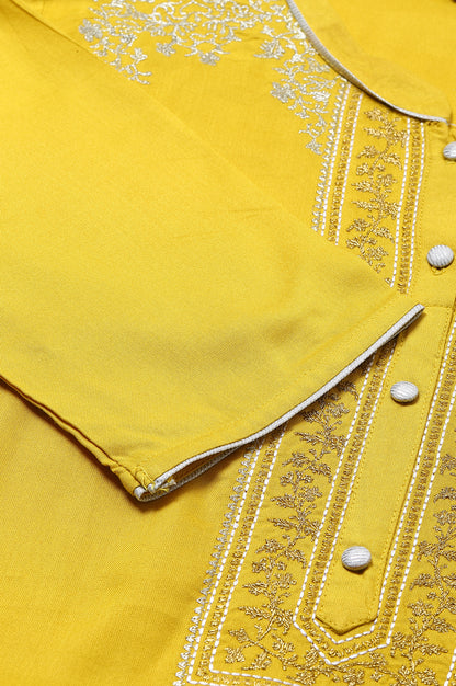 Yellow Embroidered kurta-Palazzo-Silver Dupatta Set