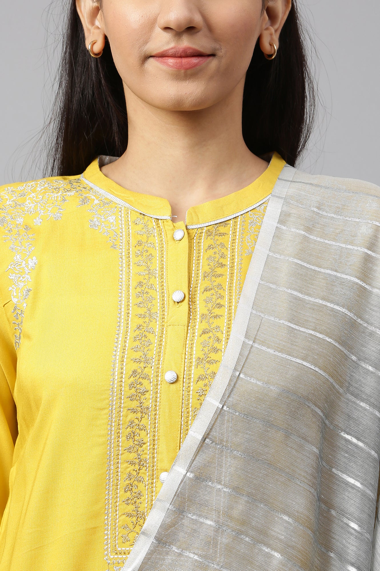 Yellow Embroidered kurta-Palazzo-Silver Dupatta Set