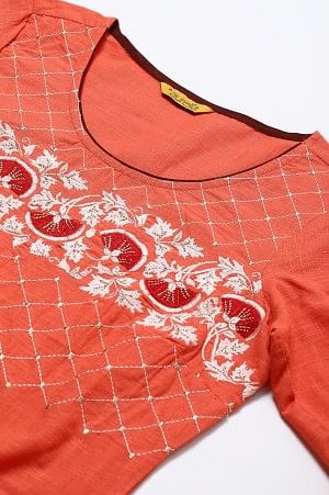 Coral Embroidered kurta-Printed Palazzo-Dupatta Set