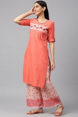 Coral Embroidered kurta-Printed Palazzo-Dupatta Set