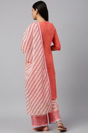 Coral Embroidered kurta-Printed Palazzo-Dupatta Set