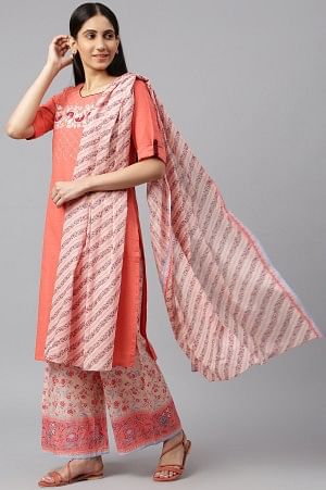 Coral Embroidered kurta-Printed Palazzo-Dupatta Set