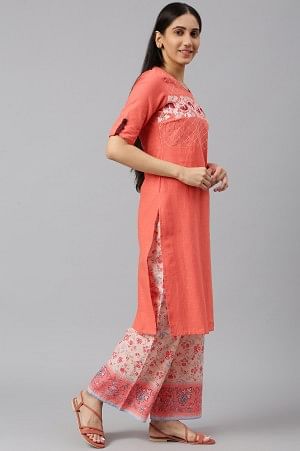 Coral Embroidered kurta-Printed Palazzo-Dupatta Set