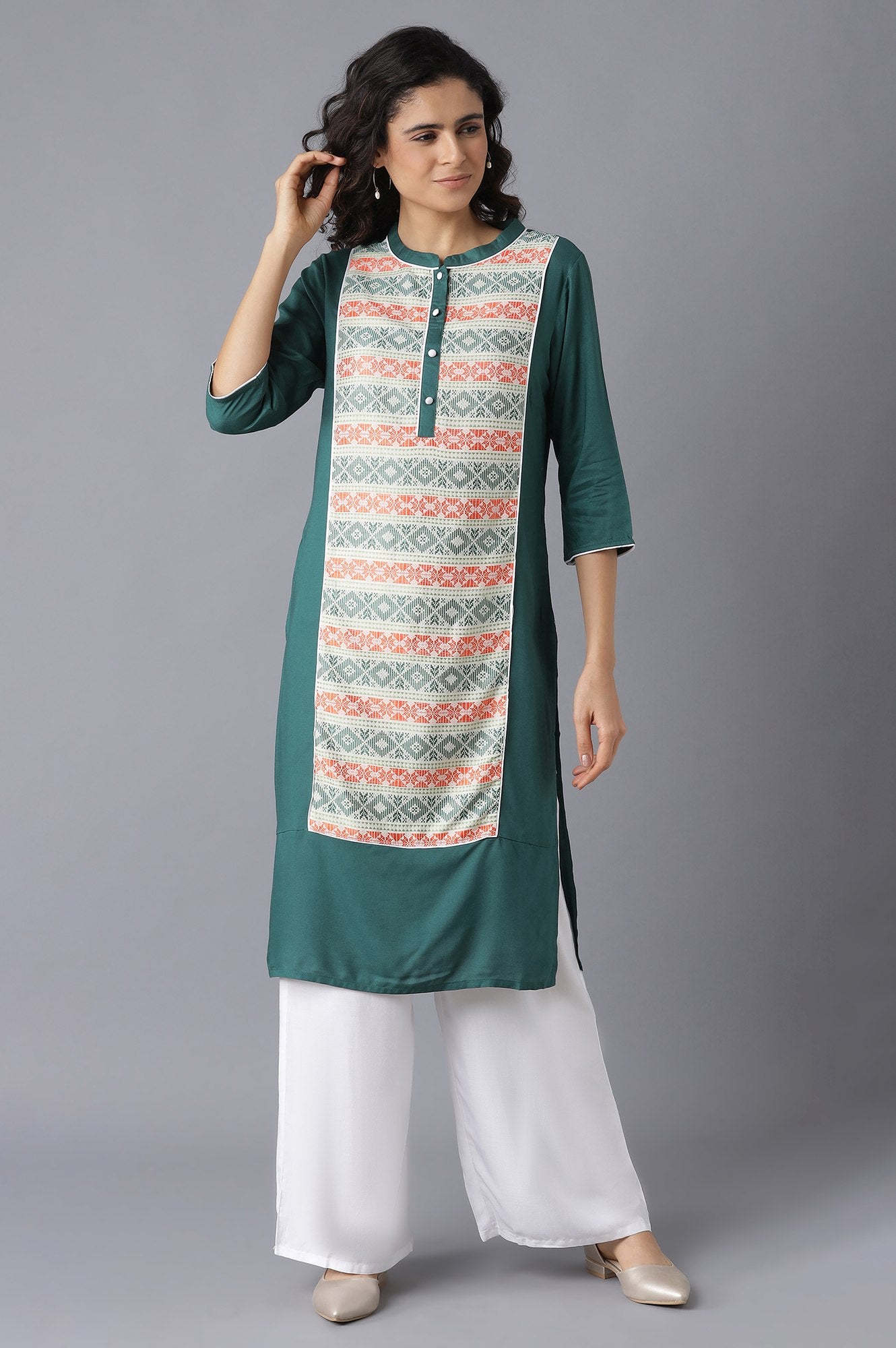 Dark Green kurta-White Palazzo Set