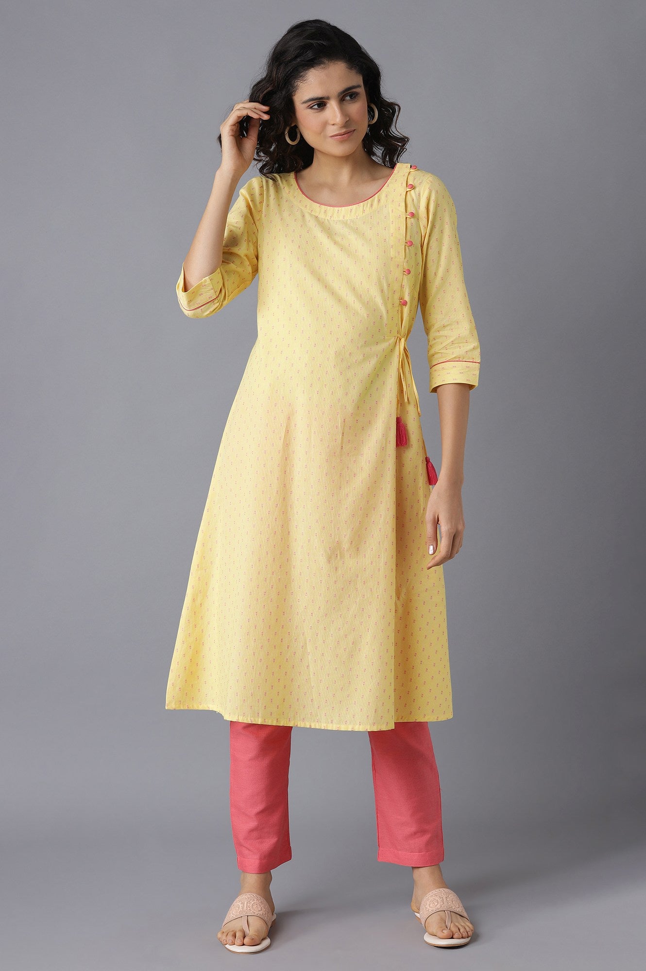 Yellow Printed A-Line kurta-Pink Trousers Set