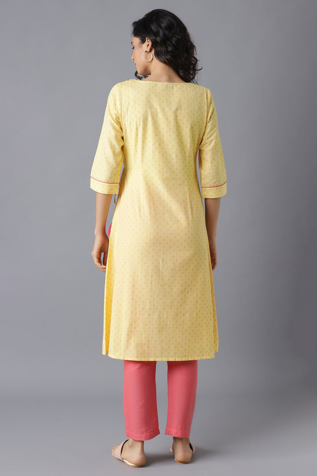 Yellow Printed A-Line kurta-Pink Trousers Set