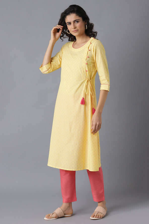 Yellow Printed A-Line kurta-Pink Trousers Set